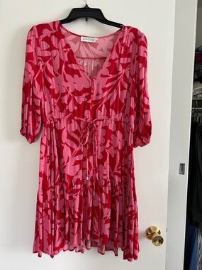 Pilcro and the Letterpress Pink and Red Floral Tie-Waist Mini Dress